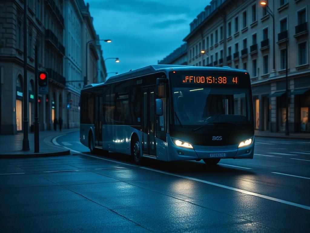 Autobus elettrico moderno su strada urbana al crepuscolo